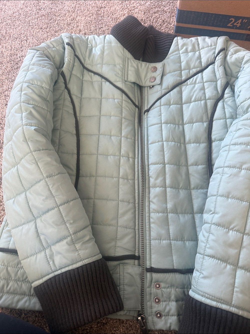 Vintage Industry Quilted Light Green/Blue and Brown Women's Jacket with Rib Trim